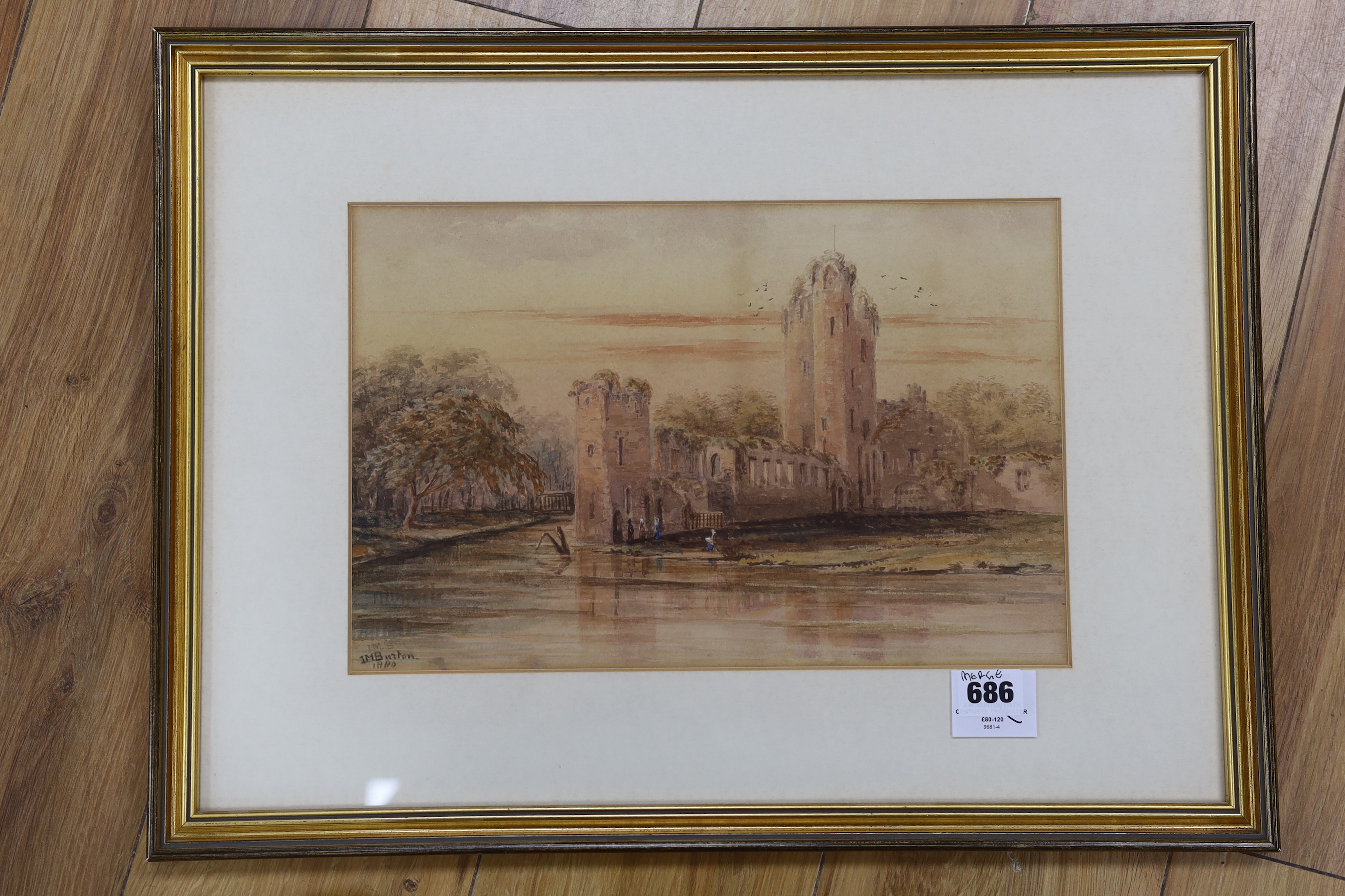 I.M. Burton (19th century), pair of watercolours, 'Gorleston' and 'Gorleston Pier', signed, one dated 1880, 22 x 32cm, and J.M. Burton (19th century), two watercolours, 'Ruined castle' and 'Abbey', signed and dated 1880,